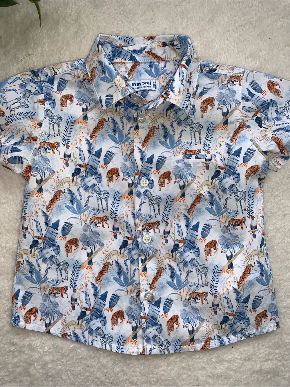 Mayoral Blue Safari Button Down Shirt 6M Baby Boy EUC Tigers Zebras